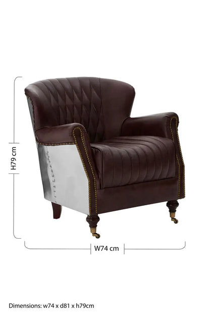 Victor Brown Leather Armchair with Polished Metal Panels