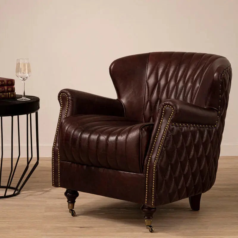 Victor Brown Leather Wingback Armchair with Diamond Quilted Detail