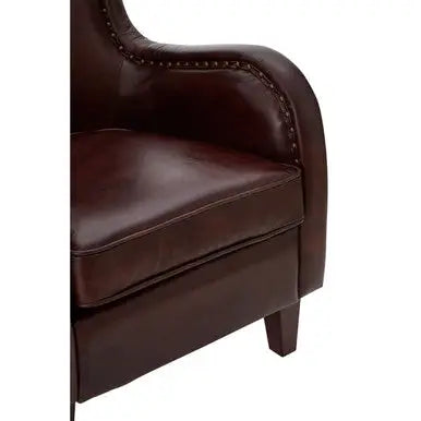Victor Deep Brown Leather Lounge Chair with Brass Stud Detail