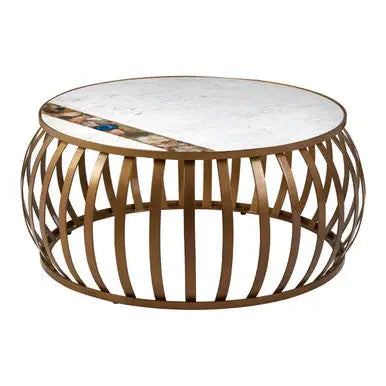 Vizzini White Marble and Agate Coffee Table with Antique Brass Finish Base