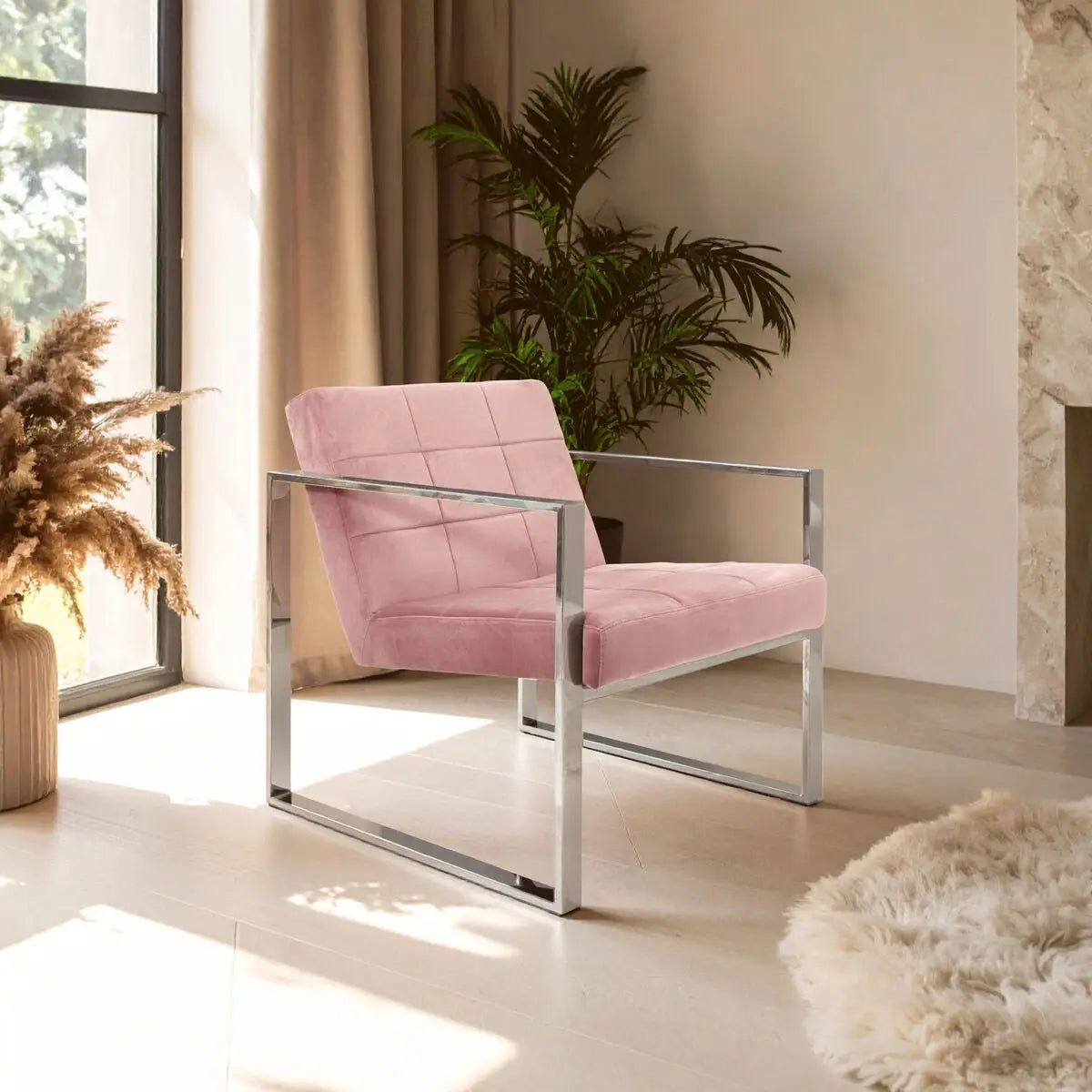 Vogue Pink Velvet Lounge Chair with Silver Finish Frame