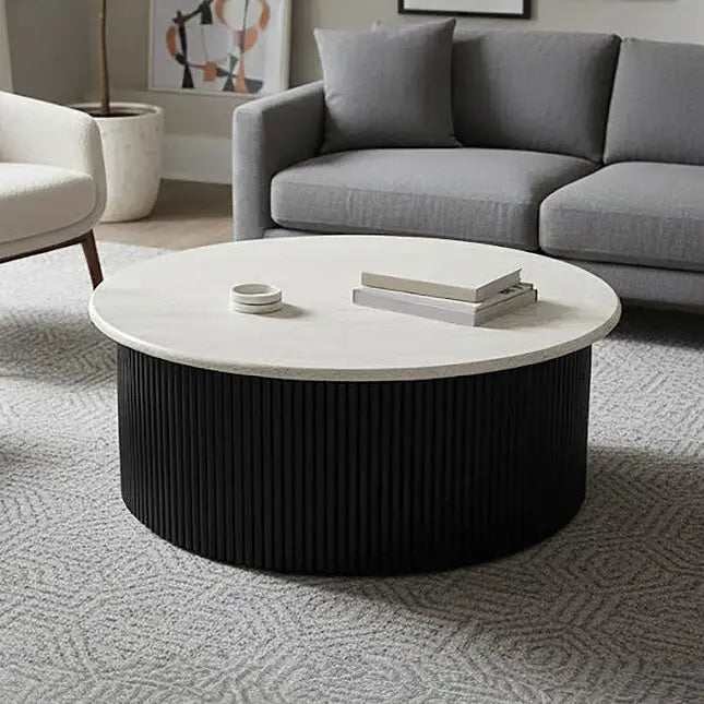 Walton Cream Travertine and Black Acacia Wood Coffee Table