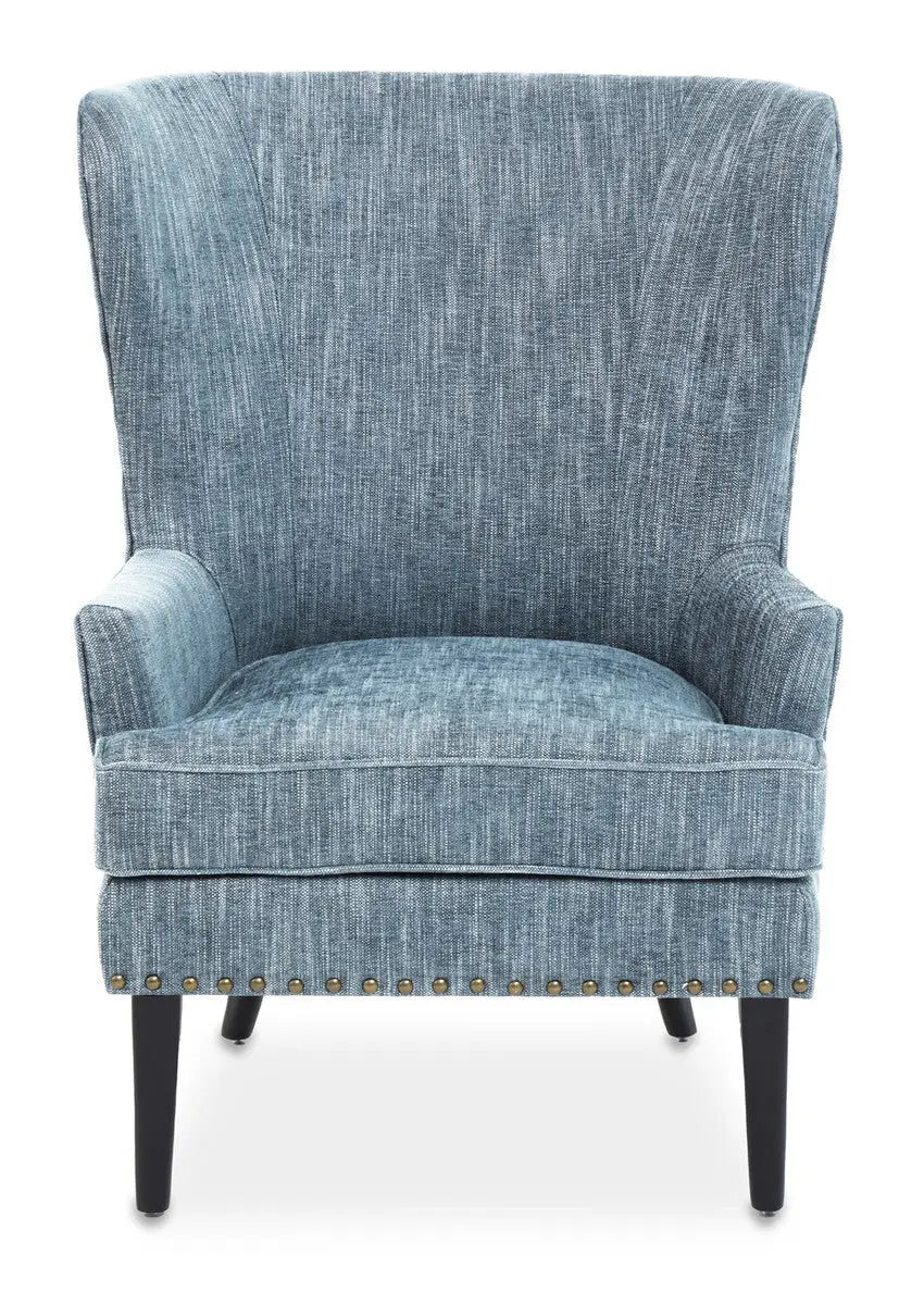 Welham Blue Fabric Wingback Lounge Chair with Brass Stud Detail