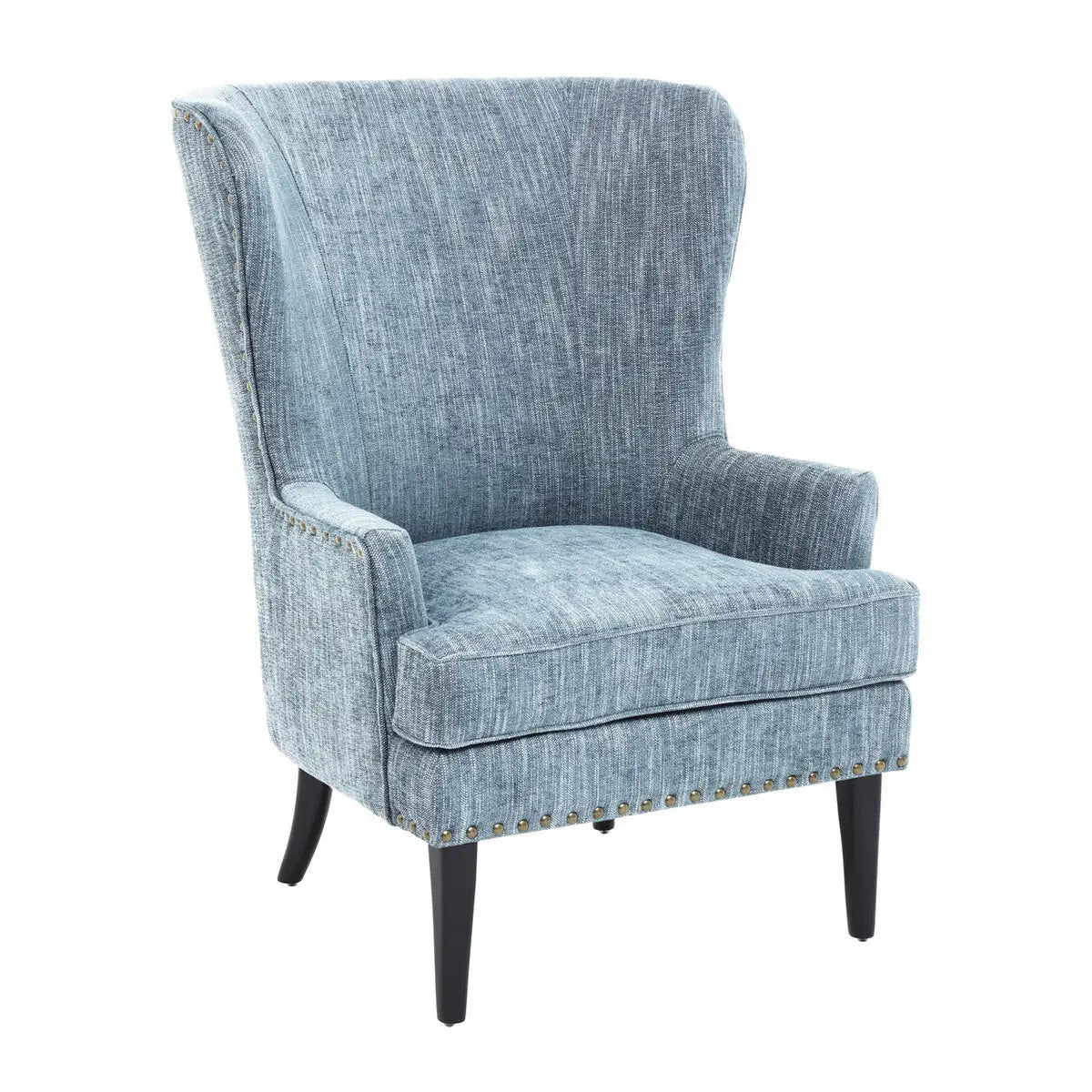 Welham Blue Fabric Wingback Lounge Chair with Brass Stud Detail
