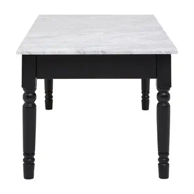 White and Grey Veining Marble Top Coffee Table with Black Carved Wooden Legs, Henley