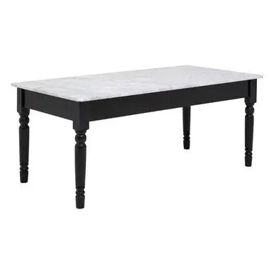 White and Grey Veining Marble Top Coffee Table with Black Carved Wooden Legs, Henley