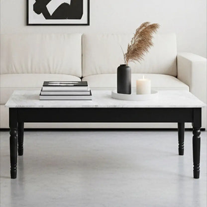 White and Grey Veining Marble Top Coffee Table with Black Carved Wooden Legs | Henley