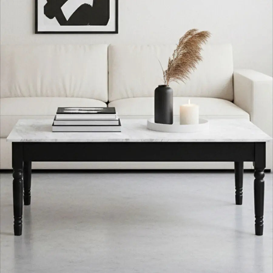 White and Grey Veining Marble Top Coffee Table with Black Carved Wooden Legs, Henley