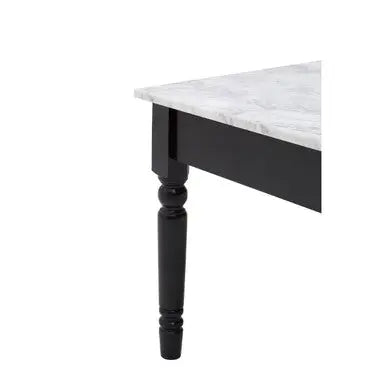 White and Grey Veining Marble Top Coffee Table with Black Carved Wooden Legs, Henley