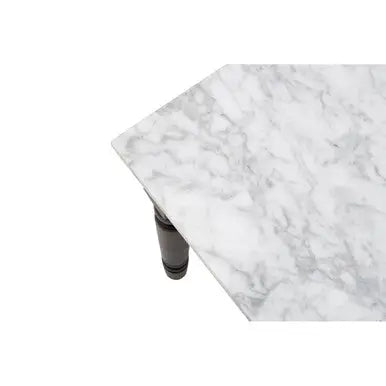 White and Grey Veining Marble Top Coffee Table with Black Carved Wooden Legs, Henley