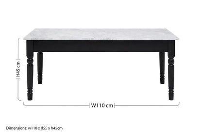 White and Grey Veining Marble Top Coffee Table with Black Carved Wooden Legs, Henley