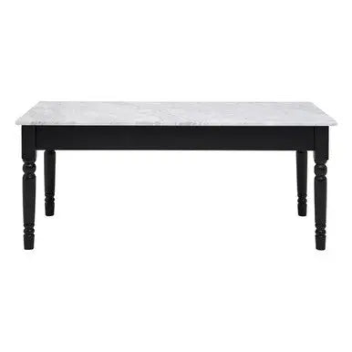 White and Grey Veining Marble Top Coffee Table with Black Carved Wooden Legs, Henley
