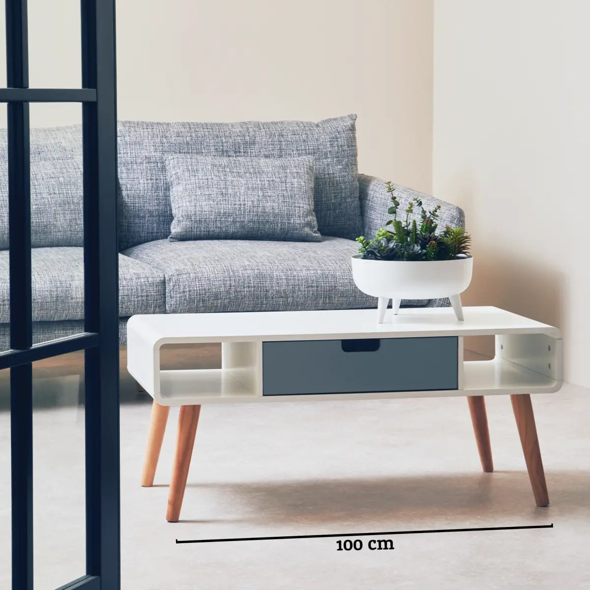 White and Natural Coffee Table with Drawer, Milo