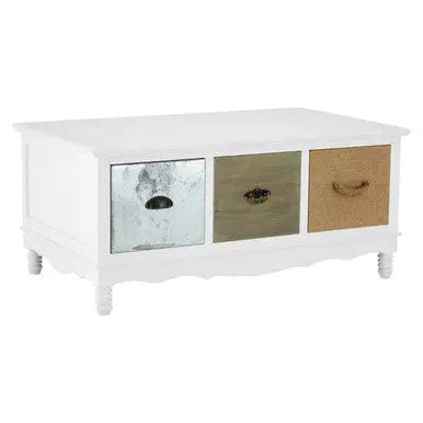 White and Natural Storage Rectangular Coffee Table with 3 Drawers, Weymouth