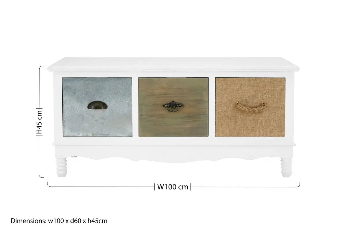 White and Natural Storage Rectangular Coffee Table with 3 Drawers, Weymouth