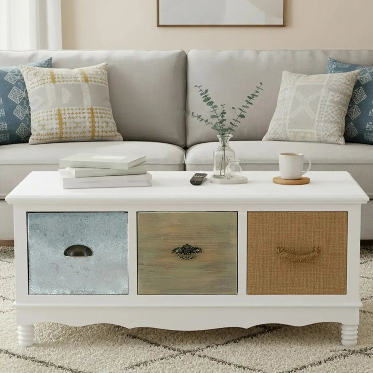 White and Natural Storage Rectangular Coffee Table with 3 Drawers, Weymouth