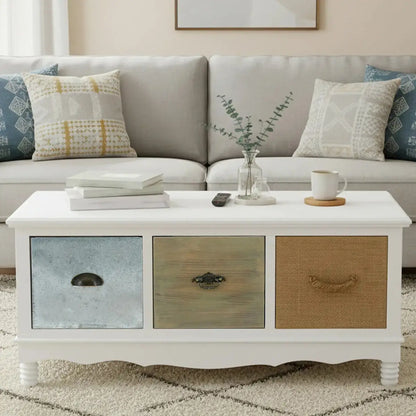 White and Natural Storage Rectangular Coffee Table with 3 Drawers, Weymouth