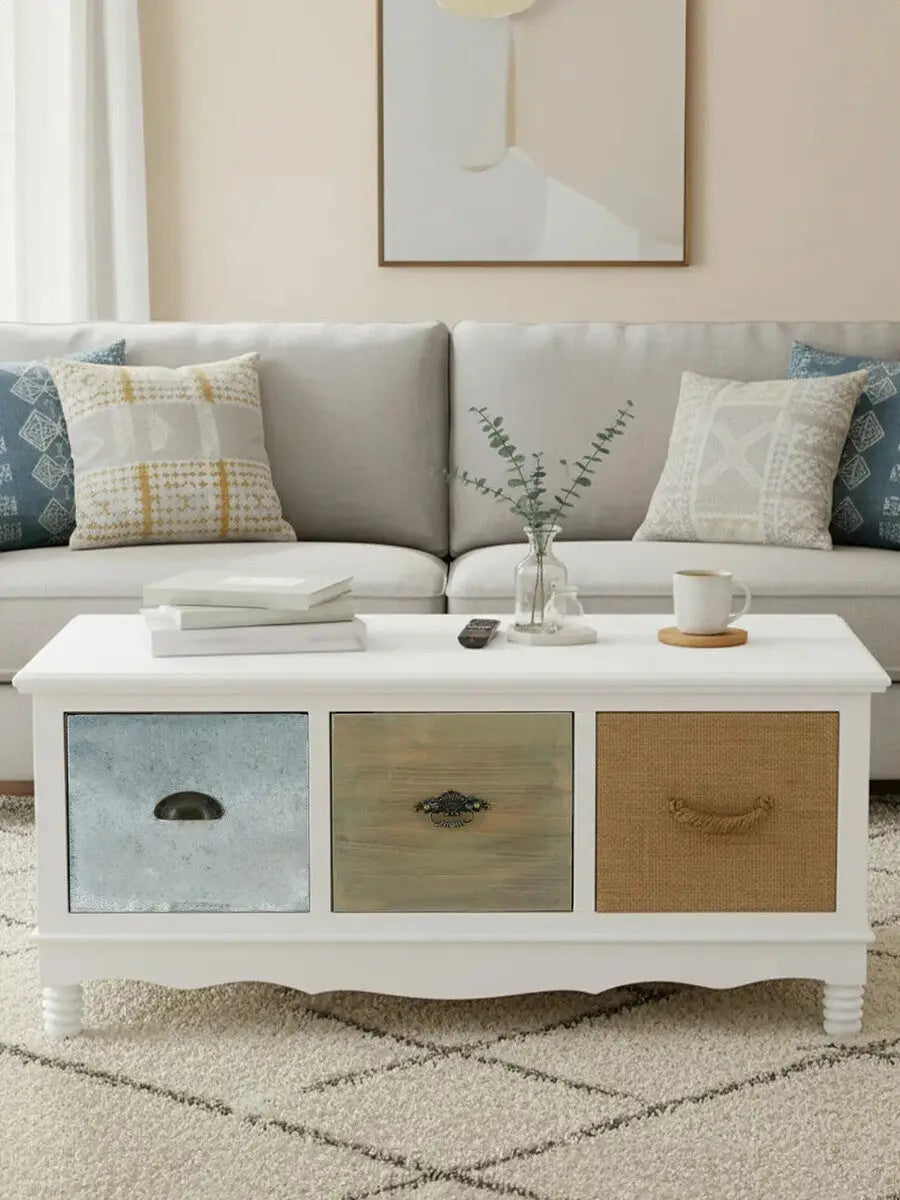 White and Natural Storage Rectangular Coffee Table with 3 Drawers, Weymouth