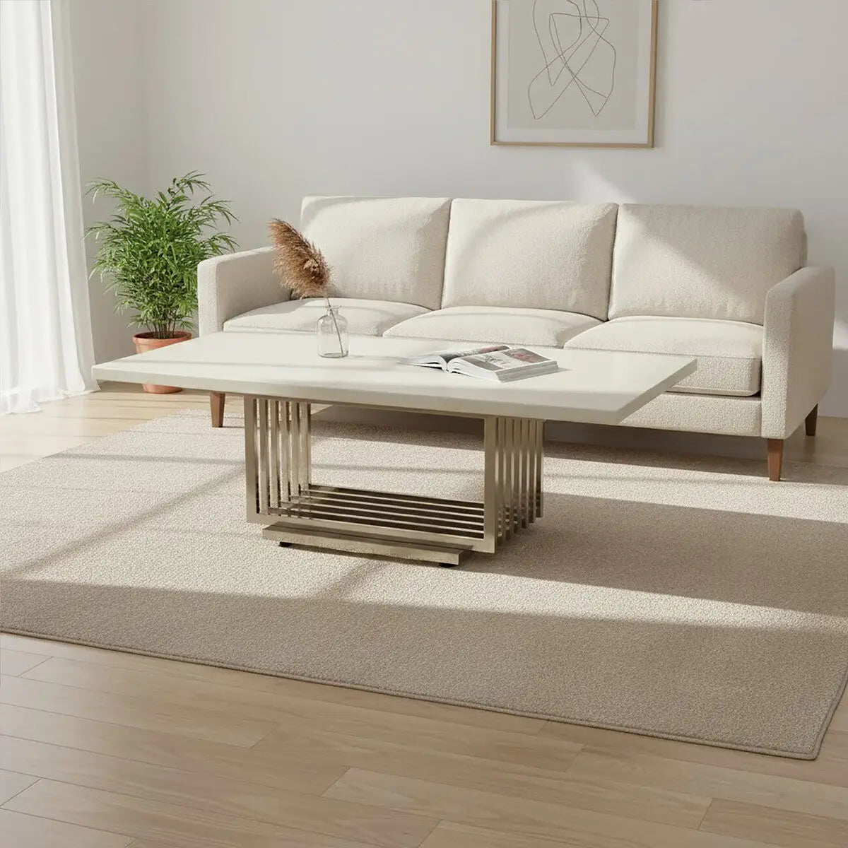 White Faux Marble Top Coffee Table with Silver Geometric Stainless Steel Frame, Moda