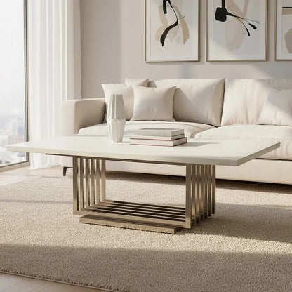 White Faux Marble Top Coffee Table with Silver Geometric Stainless Steel Frame, Moda