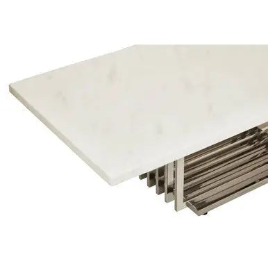 White Faux Marble Top Coffee Table with Silver Geometric Stainless Steel Frame, Moda