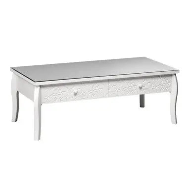 White Glass Top Storage Coffee Table with 2 Drawers, Chamonix