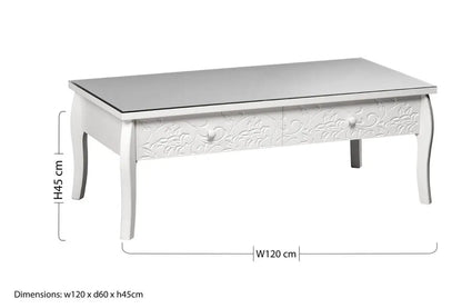 White Glass Top Storage Coffee Table with 2 Drawers, Chamonix