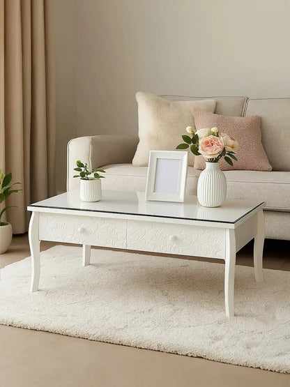 White Glass Top Storage Coffee Table with 2 Drawers, Chamonix