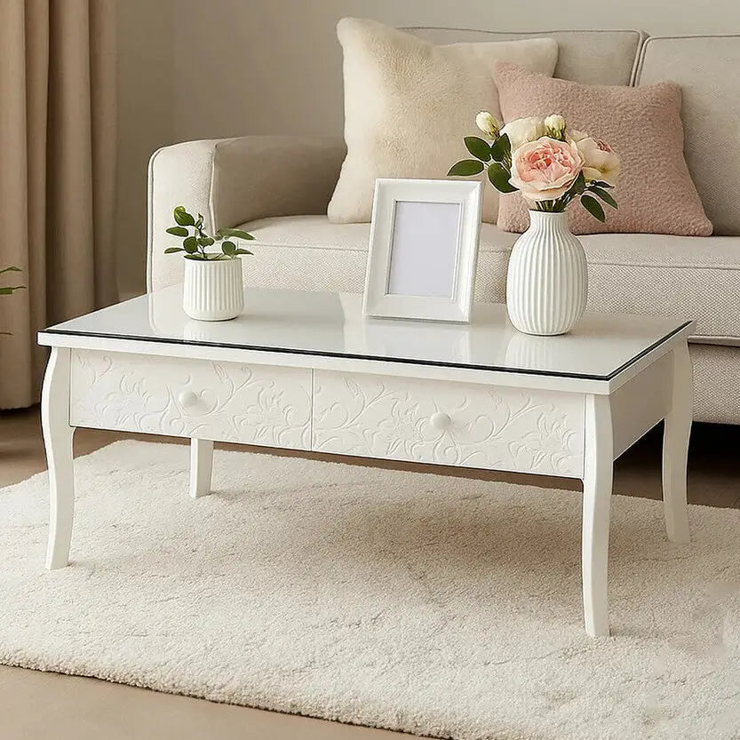 White Glass Top Storage Coffee Table with 2 Drawers, Chamonix