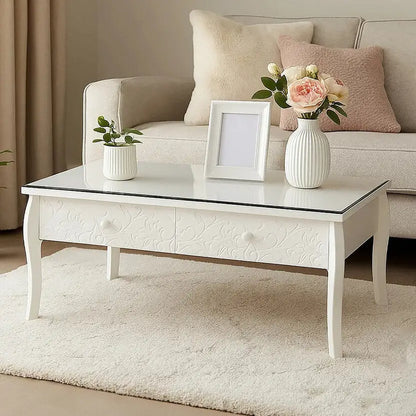 White Glass Top Storage Coffee Table with 2 Drawers, Chamonix