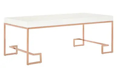 White High Gloss Wood Top Coffee Table with Rose Gold Angled Stainless Steel Leg, Allure