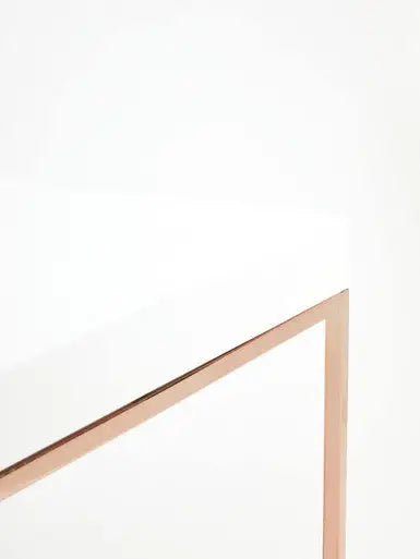 White High Gloss Wood Top Coffee Table with Rose Gold Angled Stainless Steel Leg, Allure