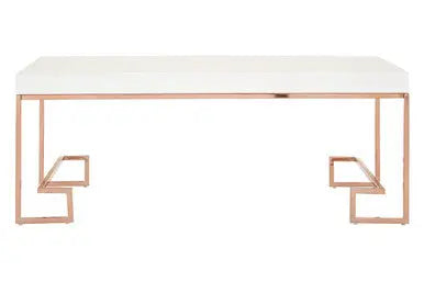 White High Gloss Wood Top Coffee Table with Rose Gold Angled Stainless Steel Leg, Allure