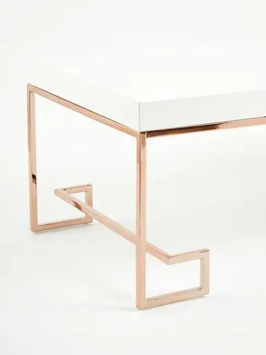 White High Gloss Wood Top Coffee Table with Rose Gold Angled Stainless Steel Leg, Allure