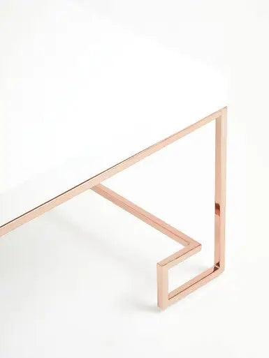 White High Gloss Wood Top Coffee Table with Rose Gold Angled Stainless Steel Leg, Allure