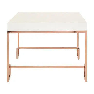 White High Gloss Wood Top Coffee Table with Rose Gold Angled Stainless Steel Leg, Allure