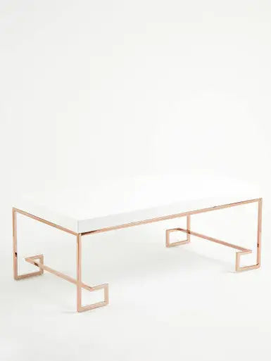 White High Gloss Wood Top Coffee Table with Rose Gold Angled Stainless Steel Leg, Allure