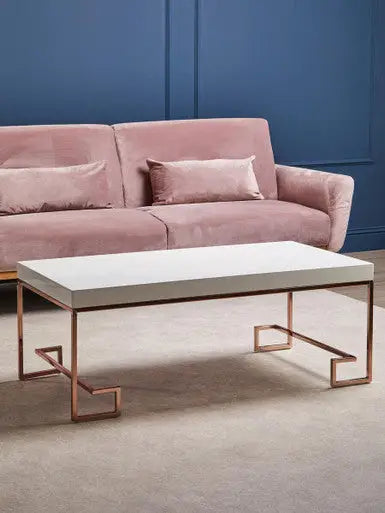 White High Gloss Wood Top Coffee Table with Rose Gold Angled Stainless Steel Leg, Allure