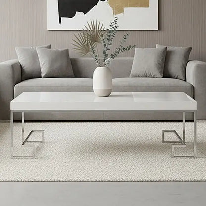 White High Gloss Wood Top Coffee Table with Silver Chrome Angled Stainless Steel Leg, Allure