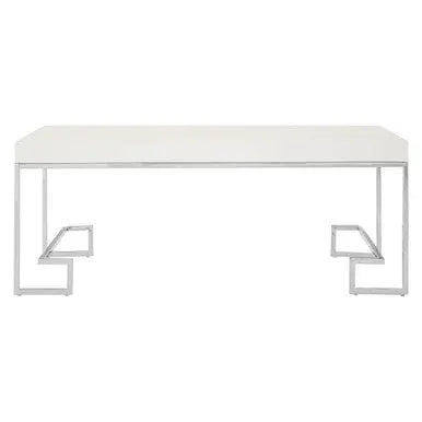 White High Gloss Wood Top Coffee Table with Silver Chrome Angled Stainless Steel Leg, Allure