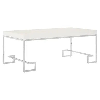 White High Gloss Wood Top Coffee Table with Silver Chrome Angled Stainless Steel Leg, Allure