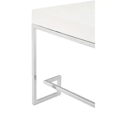 White High Gloss Wood Top Coffee Table with Silver Chrome Angled Stainless Steel Leg, Allure