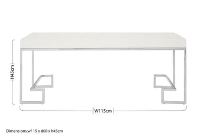White High Gloss Wood Top Coffee Table with Silver Chrome Angled Stainless Steel Leg, Allure