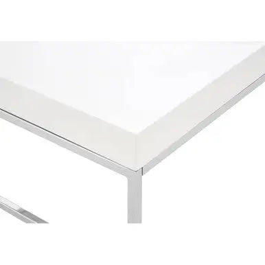 White High Gloss Wood Top Coffee Table with Silver Chrome Angled Stainless Steel Leg, Allure