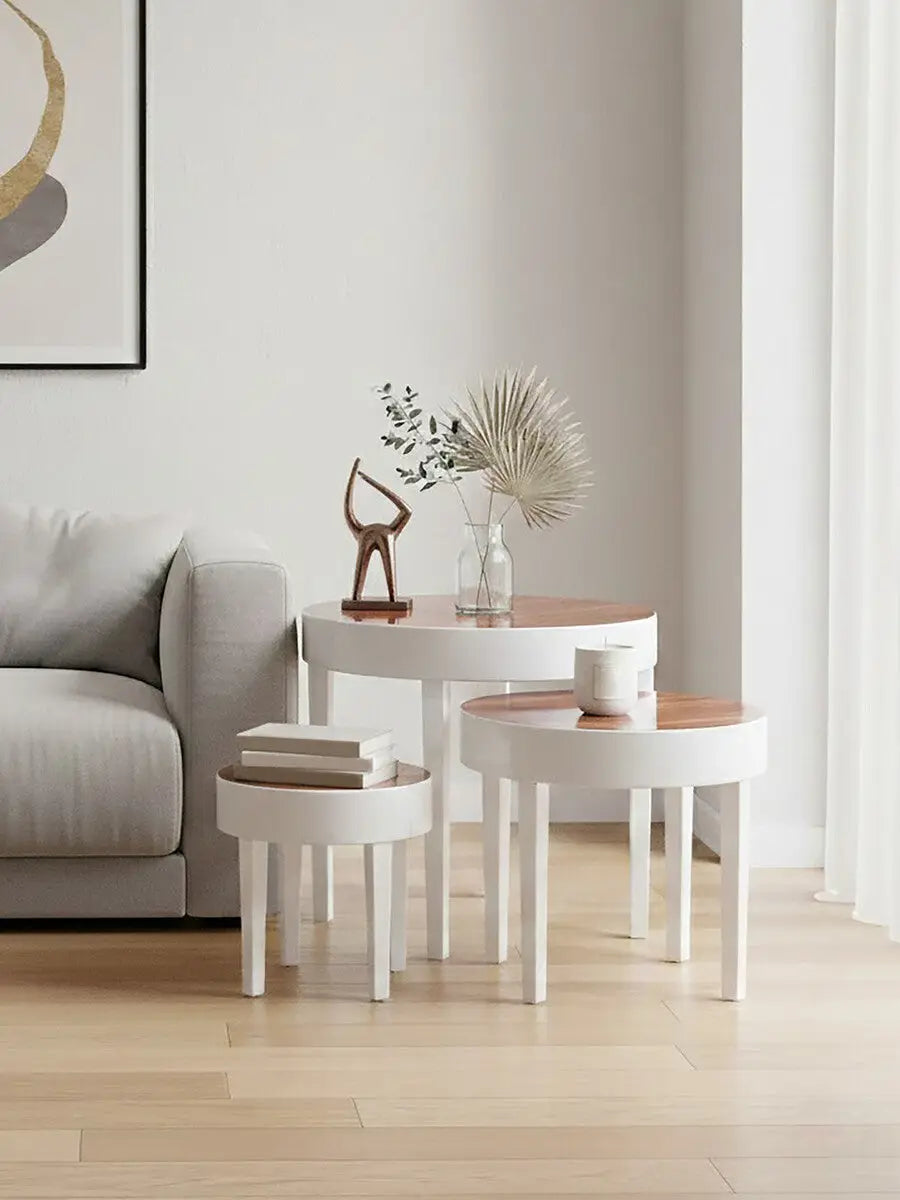 White High Gloss Wooden Frame Nest of 3 Table with Pear Wood Effect Top, Moritz