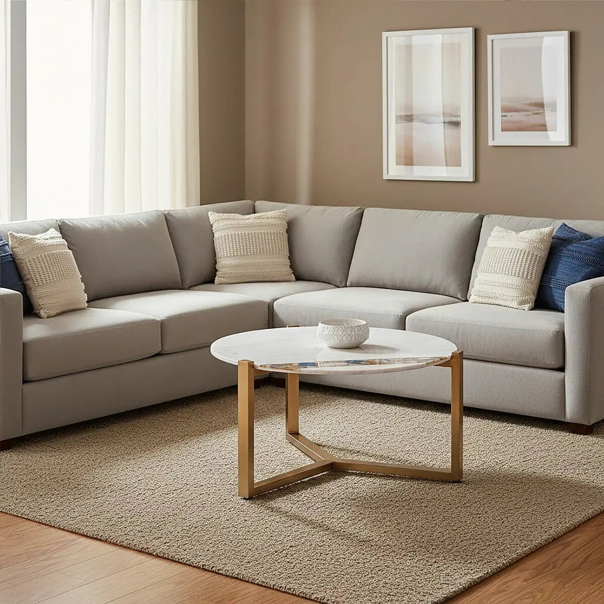 White Marble and Agate Top Round Coffee Table with Brass Iron Legs, Vizzini