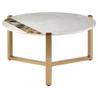 White Marble and Agate Top Round Coffee Table with Brass Iron Legs, Vizzini