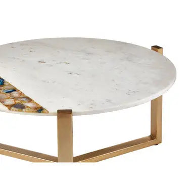 White Marble and Agate Top Round Coffee Table with Brass Iron Legs, Vizzini