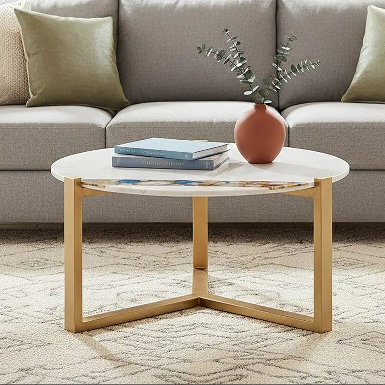 White Marble and Agate Top Round Coffee Table with Brass Iron Legs, Vizzini