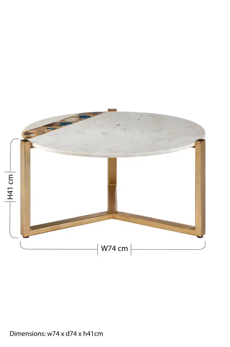White Marble and Agate Top Round Coffee Table with Brass Iron Legs, Vizzini